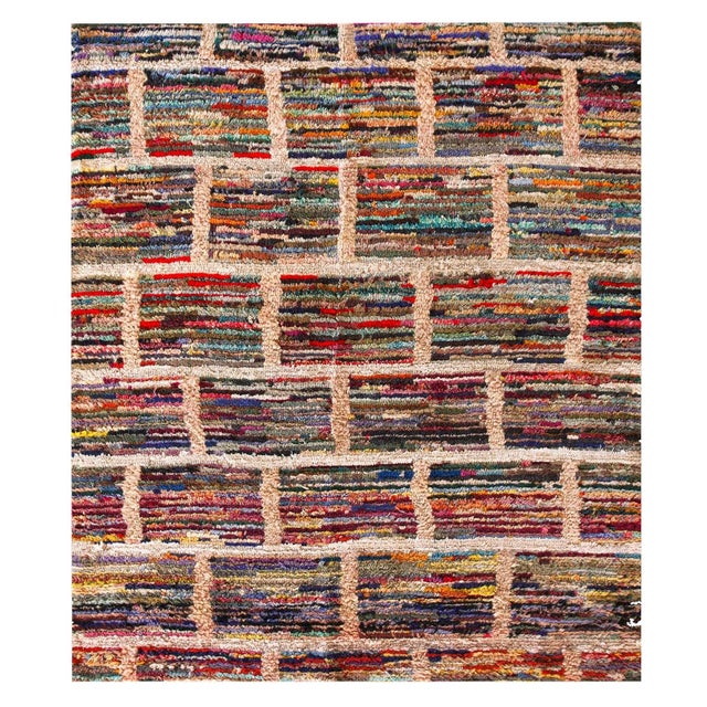 1930s Multicolor Geometric Folk Art Antique American Hooked Rug 3'3" X 3'10" Handknotted Wool Carpet For Sale - Image 9 of 11