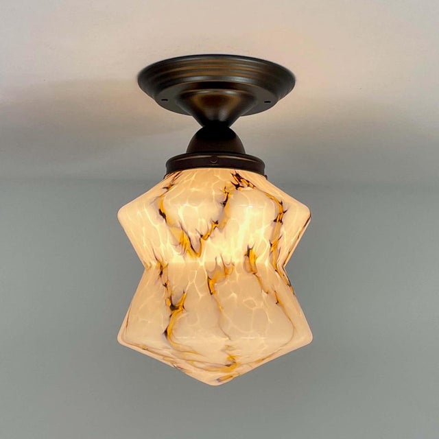 Art Deco Pale Rose Marbled Opaline Glass and Burnished Flush Mount, Germany, 1930s For Sale - Image 4 of 18