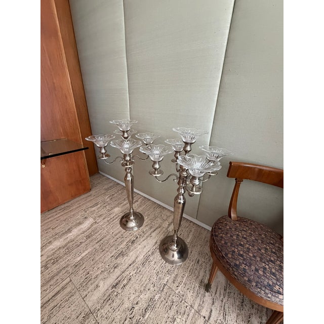 Vintage 1970s Silver Plate Candelabra With Removable Crystal Cups — 40” High For Sale - Image 4 of 13
