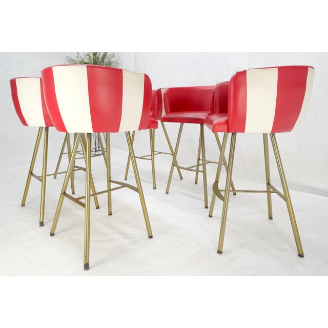 1970s Set of 6 Barrel Back Mid Century Modern Bar Stools as is Upholstery For Sale - Image 5 of 7