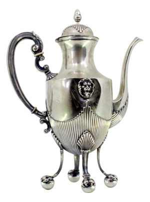 Silver Coffee Pot with Fluted Body and Lid, Handle, Lion Heads in Relief and Claw-Shaped Feet