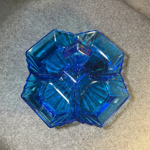 Mid 20th Century Mid 20th Century Art Deco Blue Indiana Tiara Glass Divided Dish Pyramid Handle For Sale - Image 5 of 10