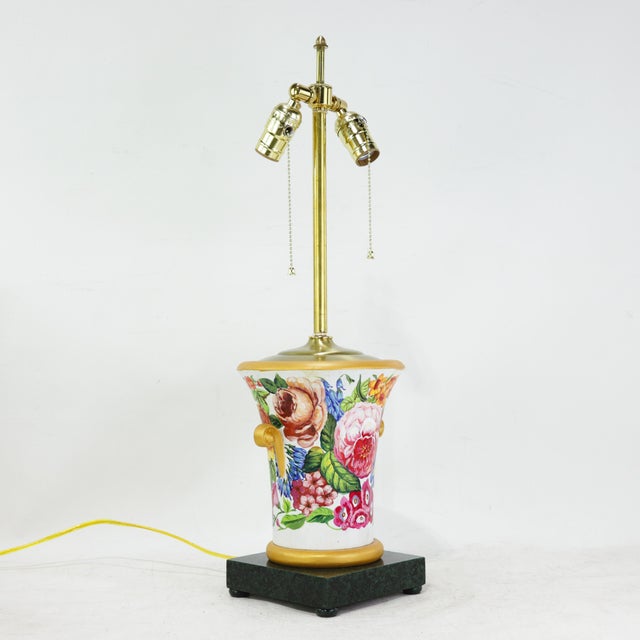 Shabby Chic Vintage Floral Hand-Painted Brunschwig & Fils Wooden Table Lamps With Green Faux Marble Bases - a Pair For Sale - Image 3 of 18