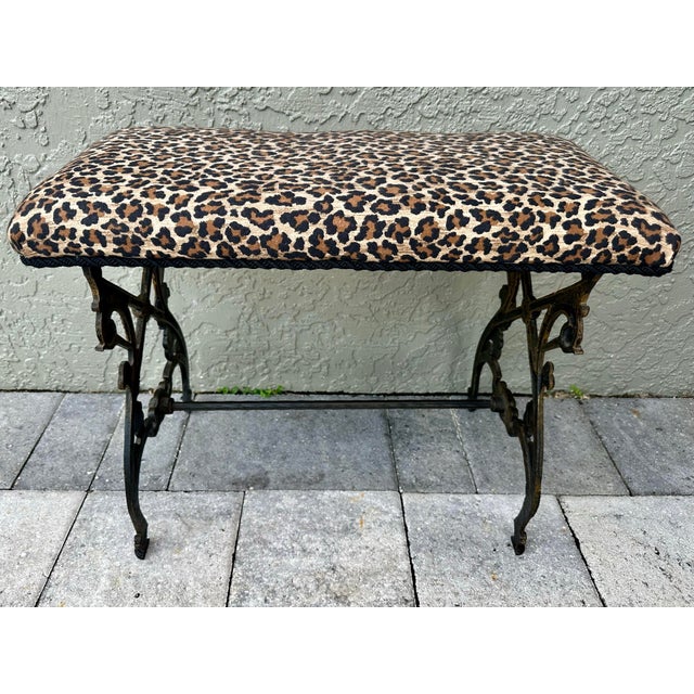 Vintage Mid 20th Century Cast Iron Bench With Leopard Print Upholstered Seat For Sale - Image 4 of 12