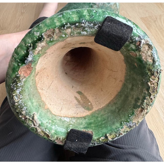 1970s Large and Very Heavy 21" Brutalist Studio Pottery Vase - Green Fat Lava Glaze For Sale In Chicago - Image 6 of 8