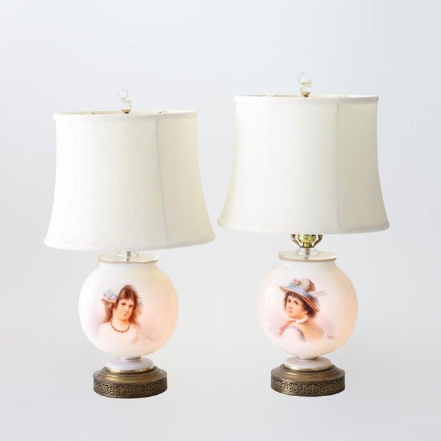 1980s Antique French Josef Ahne Opaline Glass Portrait Pillow Table Lamps - a Pair For Sale - Image 5 of 12