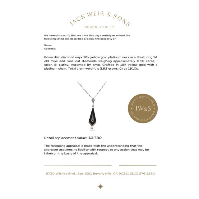 Metal 1910s Edwardian Diamond Onyx 18k Yellow Gold Platinum Necklace For Sale - Image 7 of 7