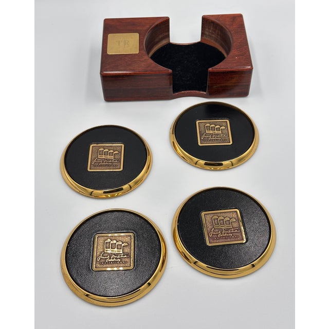 1980s Frank Sinatra Celebrity Golf Invitational Leather & Brass Coaster Set For Sale - Image 4 of 11