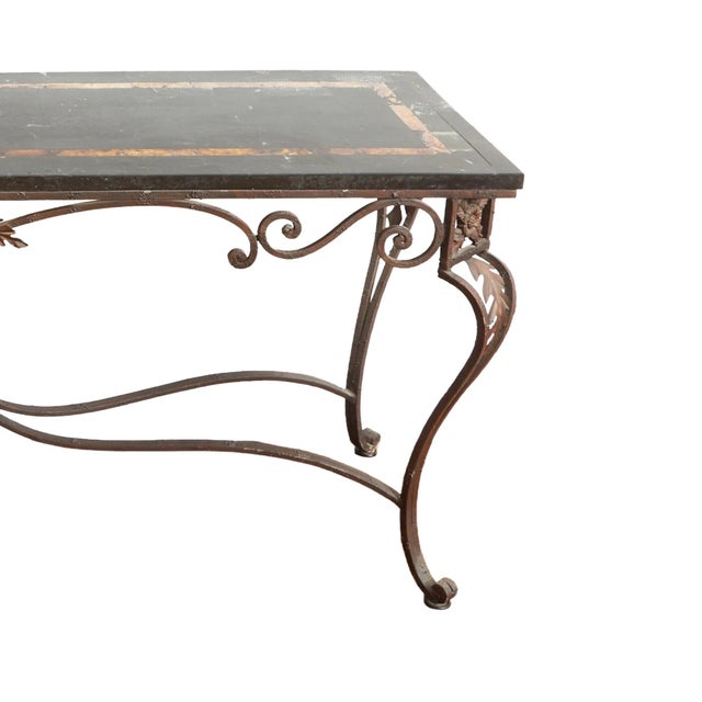 Bronze Italian Wrought Iron Framed Laminated Marble-Design Wood Console / Entry Table For Sale - Image 8 of 9