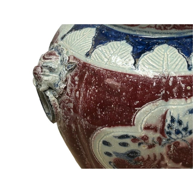 Orient Crackle Blue Red White Floral Graphic Ceramic Jar For Sale - Image 15 of 16