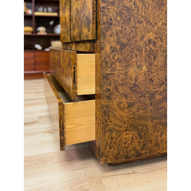 Vintage John Stuart MCM Burlwood Tallboy Armoire, Drawers and Doors, Collectable For Sale - Image 11 of 11