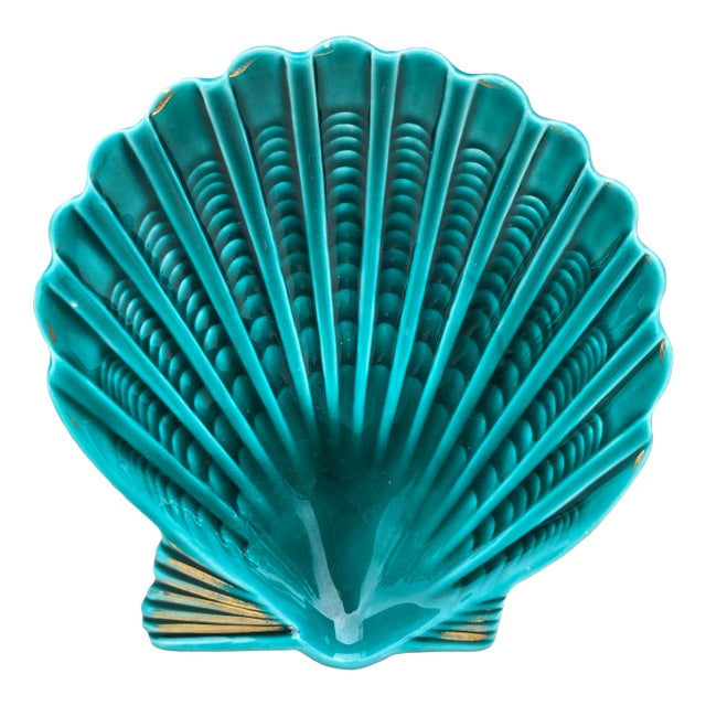French Green Majolica Shell Dish Vallauris, Circa 1950 For Sale