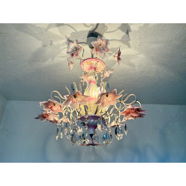 1980s Italian Murano Style Pink Floral Glass Chandelier With Crystals For Sale - Image 16 of 18