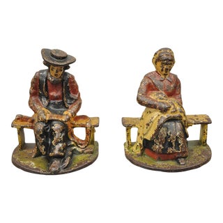 Antique Cast Iron Amish Man and Woman Couple Bookends - a Pair For Sale