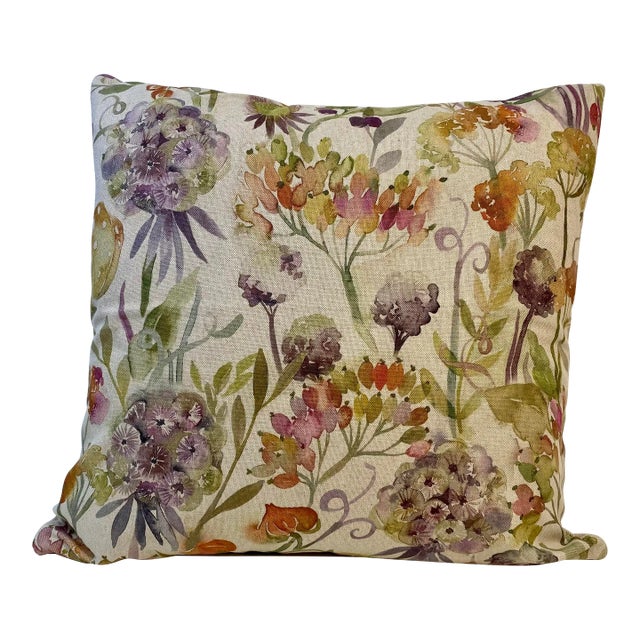 20” Square Pillow With a Purple and Orange Watercolor-Like Floral Print - Made in U K For Sale