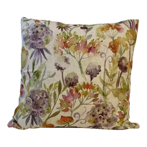 20” Square Pillow With a Purple and Orange Watercolor-Like Floral Print - Made in U K