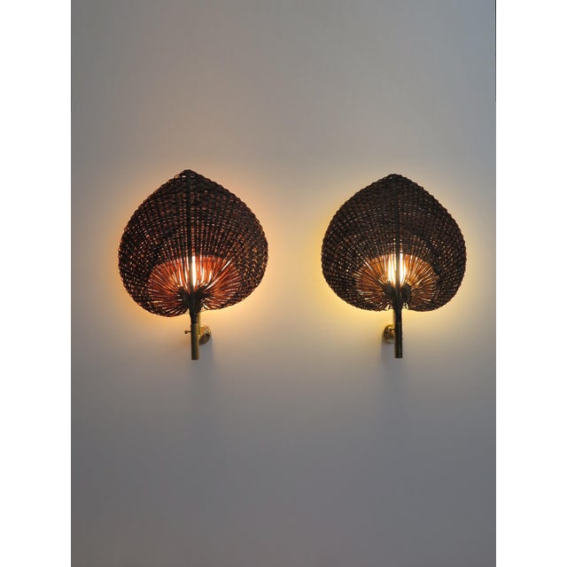 Mid-Century Modern Wall Lamps in Brass and Natural Fiber, Italy, 1970s, Set of 2 For Sale - Image 3 of 12