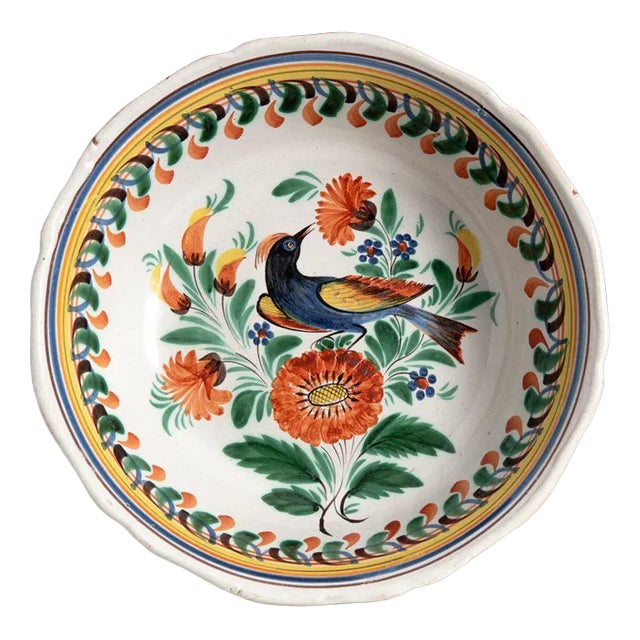 Polychrome Serving Bowl with Bird from Quimper Faience For Sale