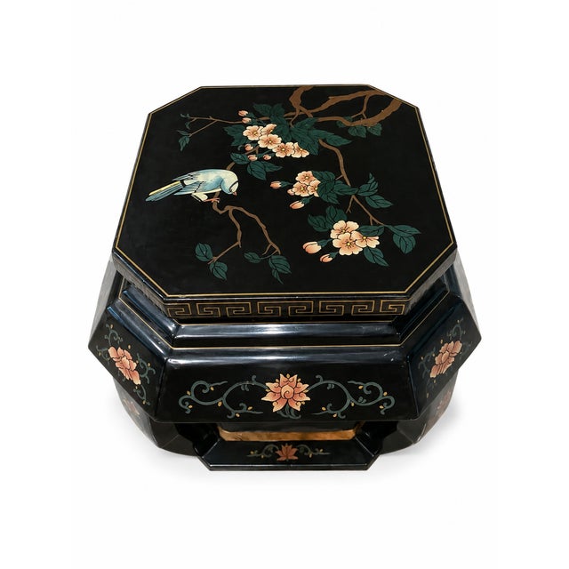 Charming circa 1920's antique Chinoiserie wood stool featuring a sculptural form and beautifully aged black lacquer...