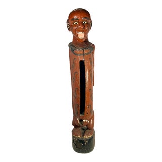 Vintage Bali Tribal Figural Carved Wooden Fertility Slit Drum Red Painted 38”h For Sale