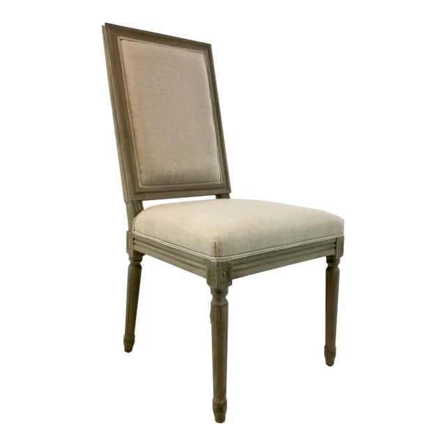 Transitional French Style Greige Linen Side Chair For Sale