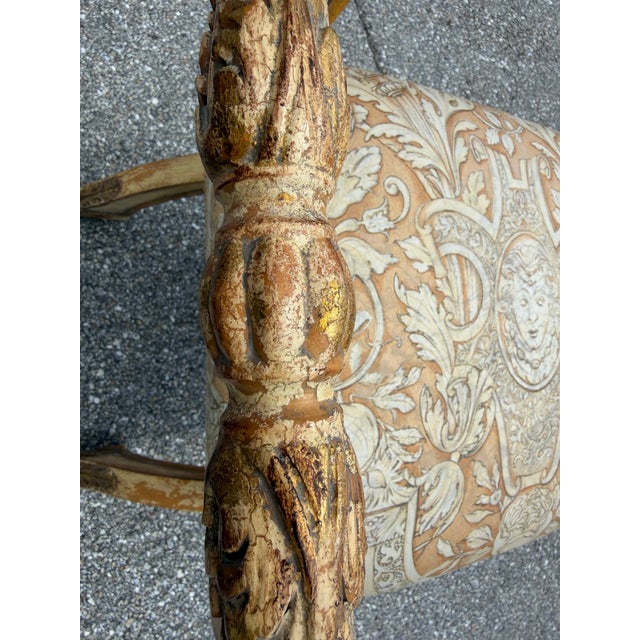 Mid 20th Century Italian Distressed Carved-Wood Curule Stool W/ Versace Pattern Seat Cushion For Sale - Image 12 of 15