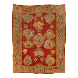 Turkish Oushak Antique Wool Rug Handmade in Red Featuring a Floral Design For Sale