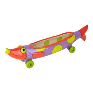 Listed Artist Alison Palmer Studio Art Pottery: Whimsical Fish on Wheels For Sale