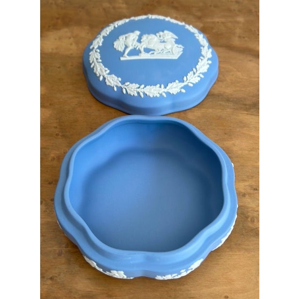 Baby Blue Vintage 1970 Wedgwood Made in England Blue Jasperware Round Trinket Box For Sale - Image 8 of 11
