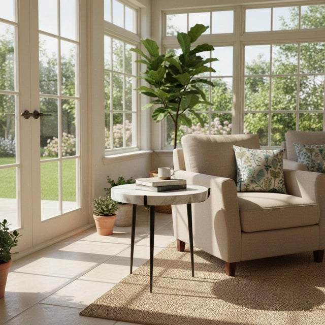 Metal Contemporary Round White Marble Side Table With Slim Black Tapered Legs For Sale - Image 7 of 7