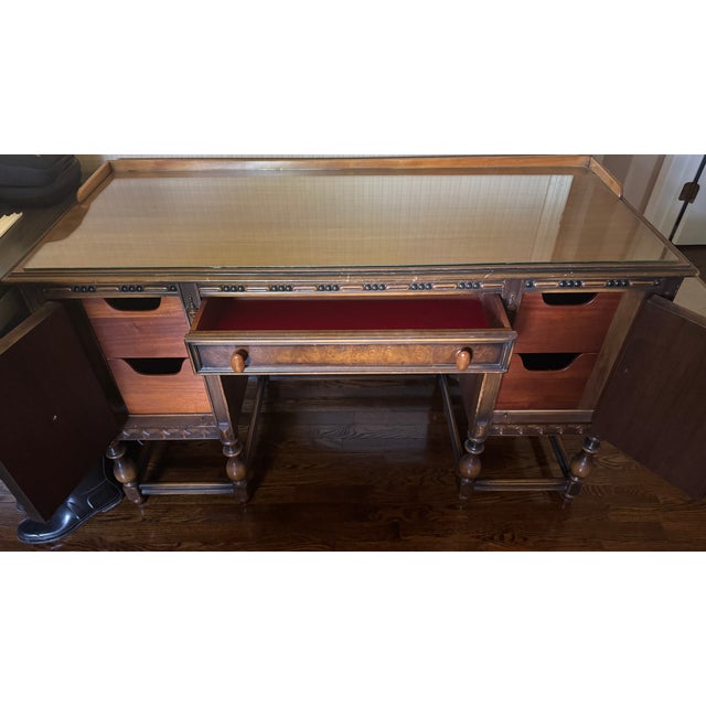 1920s 1920s Berkey & Gay Jacobean Revival Burl Walnut Kneehole Desk/Vanity With Glass Top & Stool, Vintage, Maker's Mark For Sale - Image 5 of 16