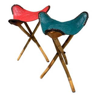 Pair of Vintage Mexican Hand-Tooled Leather Tripod Folding Stools MCM For Sale