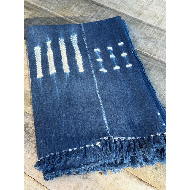 African Vintage African Indigo Denim Shibori Mudcloth 60” L X 42” W Textile | No. 116 For Sale - Image 3 of 8