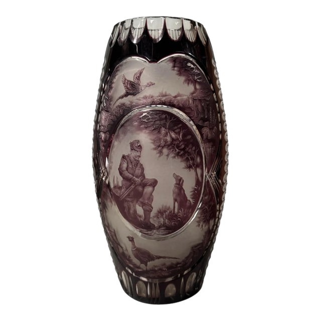 Mid 20th Century Dresden Amethyst Cut to Clear Art Glass Vase With Landscape Hunting Scene For Sale
