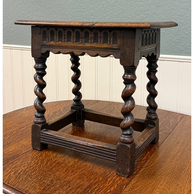 Antique English Footstool Bench Stool Joint Stool Barley Twist Carved Oak c.1900 For Sale In Dallas - Image 6 of 16