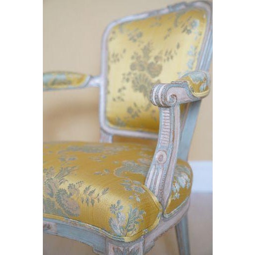 Late 19th Century 19th C. Louis XVI Style Silk Upholstered Painted Fauteuils - Set of 2 For Sale - Image 5 of 15