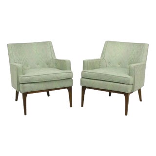 Pair of Curved Back Club Chairs with Button Tufted Upholstery For Sale