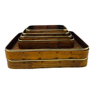 Vintage Handmade Bamboo & Woven Wicker Nesting Trays With Gold Edges a Set of 6 For Sale