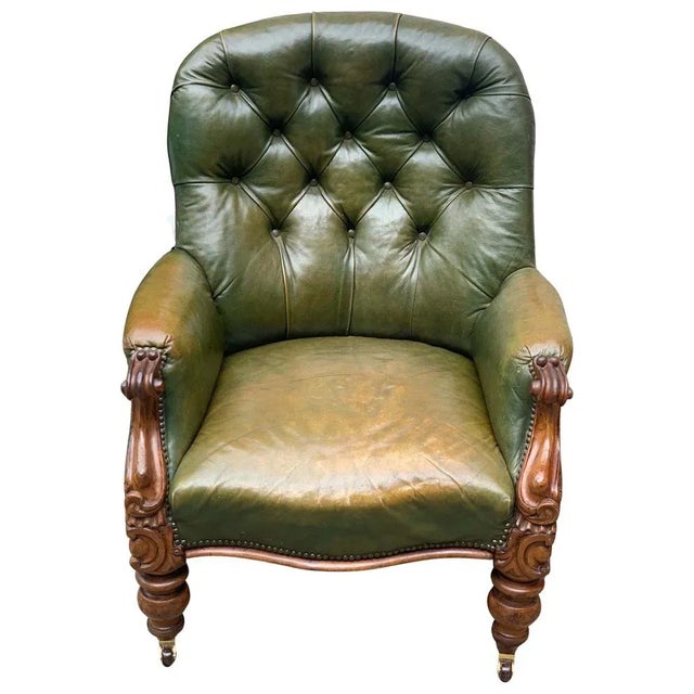 Victorian Chesterfield Chair in Green Leather For Sale - Image 3 of 9