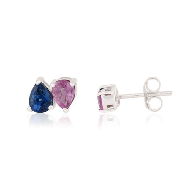 Toi Et Moi Pear-Cut Blue Sapphire & Pink Sapphire Stud Earrings in 18k Gold- 2 Pieces For Sale - Image 4 of 15