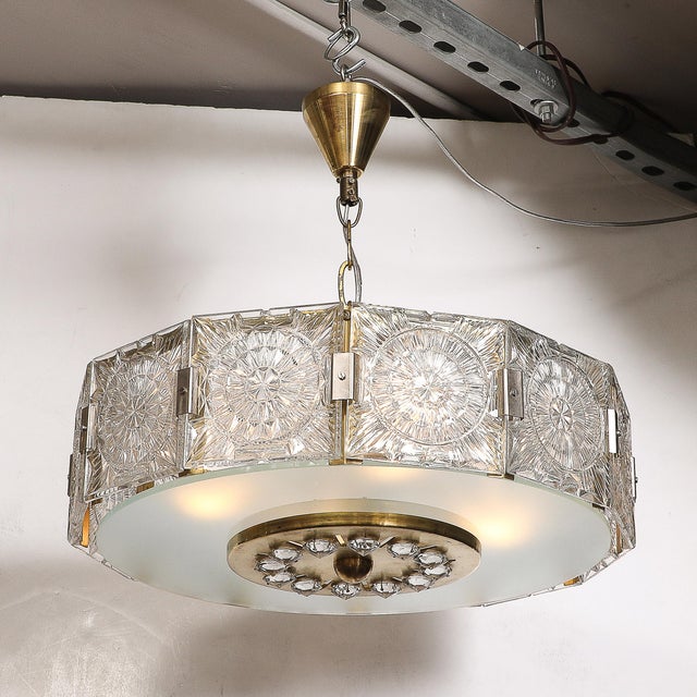 Mid-Century Modernist Pressed Glass Pendant Chandelier W/ Frosted Diffuser For Sale - Image 12 of 12