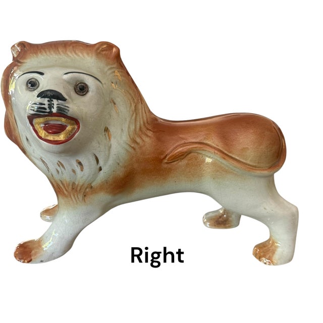 Pair of Large Victorian Staffordshire Pottery Lions With Glass Eyes, C. 1880–1900 For Sale - Image 9 of 15