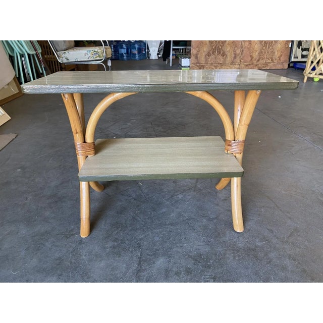 Wood Restored "Hour Glass" Two-Tier Rattan Side Table For Sale - Image 7 of 9