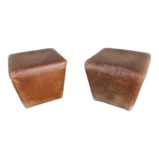 Ethan Allen Distressed Leather Ottomans - a Pair For Sale