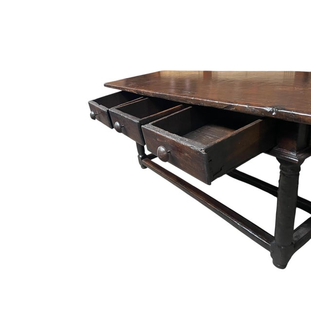 Spanish Walnut Refectory Table with Drawers, Wrought Iron Ball Handles and Turned Legs, 1600s For Sale - Image 4 of 9