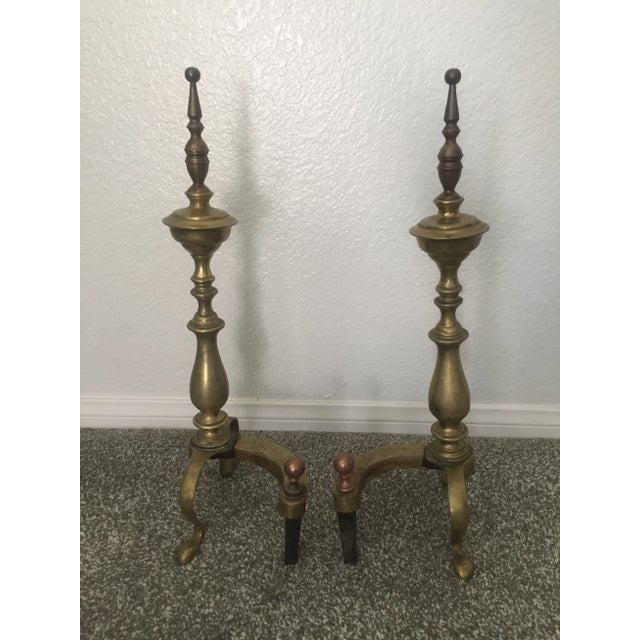 Antique Turned Baluster Brass Fireplace Andirons Fire Dogs - a Pair For Sale - Image 4 of 13