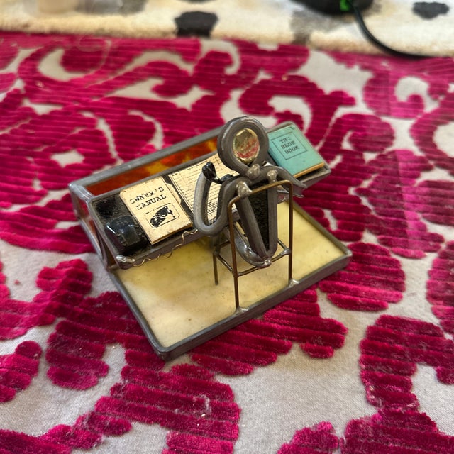 1970s Vintage Amber Glass and Metal Figure Business Card Holder For Sale - Image 5 of 5