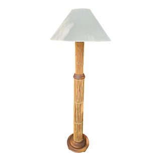 Vintage Coastal Tan Boho Coastal Rattan Tiki Floor Lamp For Sale