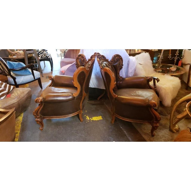 Antique Victorian Ornate Carved Tufted Distressed Brown Leather Chairs Pair Chairish