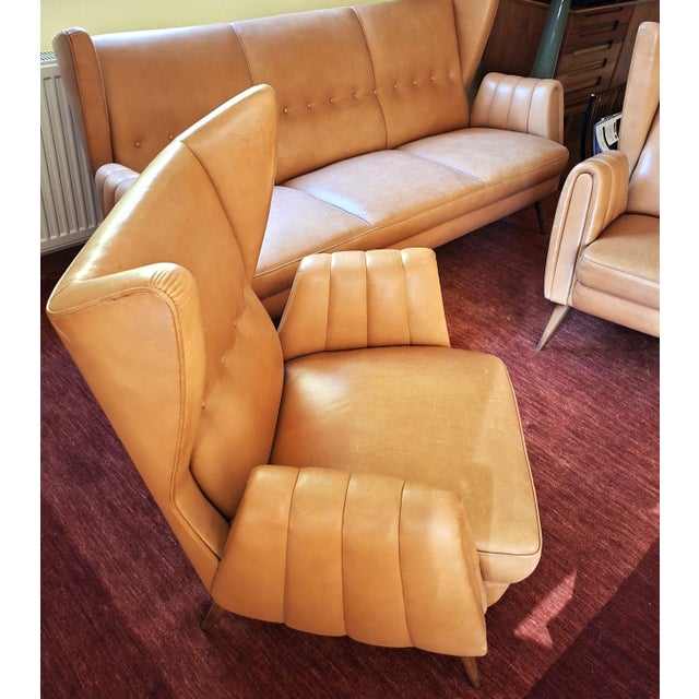Wingback Living Room Set in Leather, 1950s, Set of 3 For Sale - Image 11 of 14